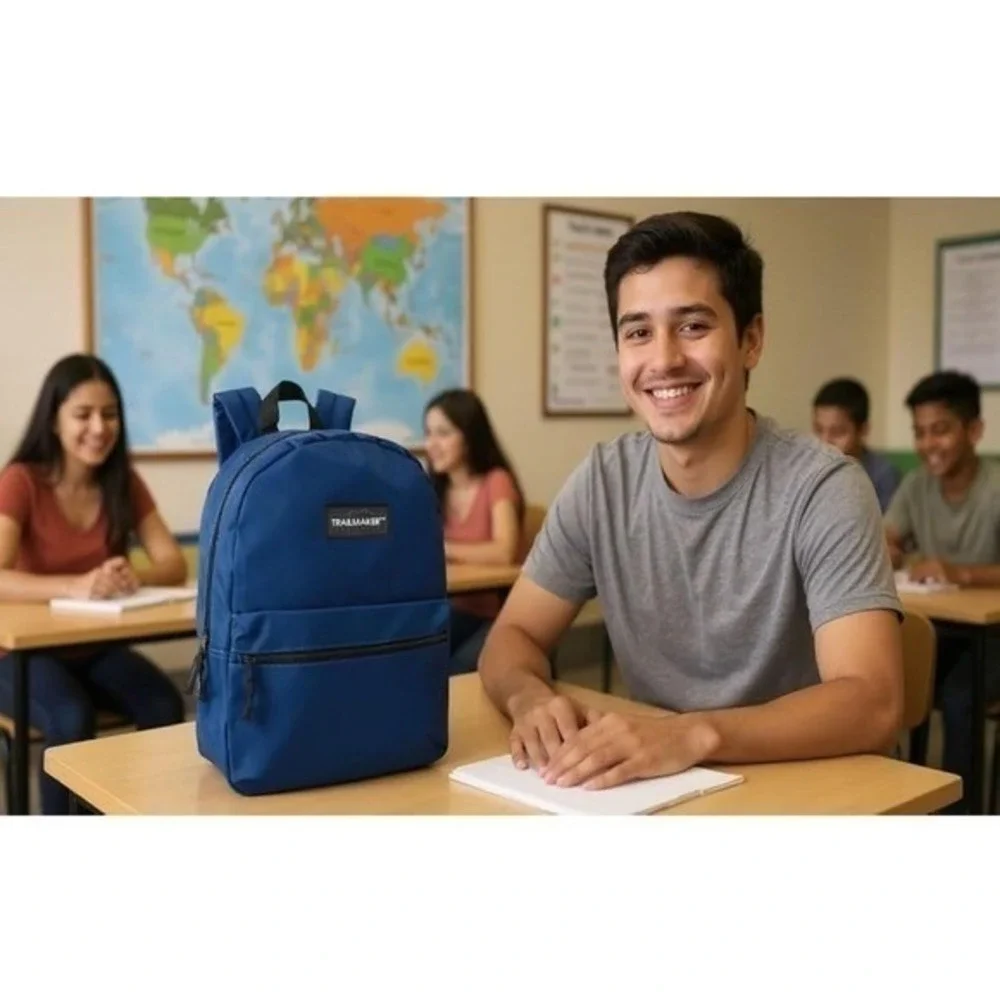 Trailmaker Navy Blue Classic Backpack Padded Straps Front Zip Pocket Unisex